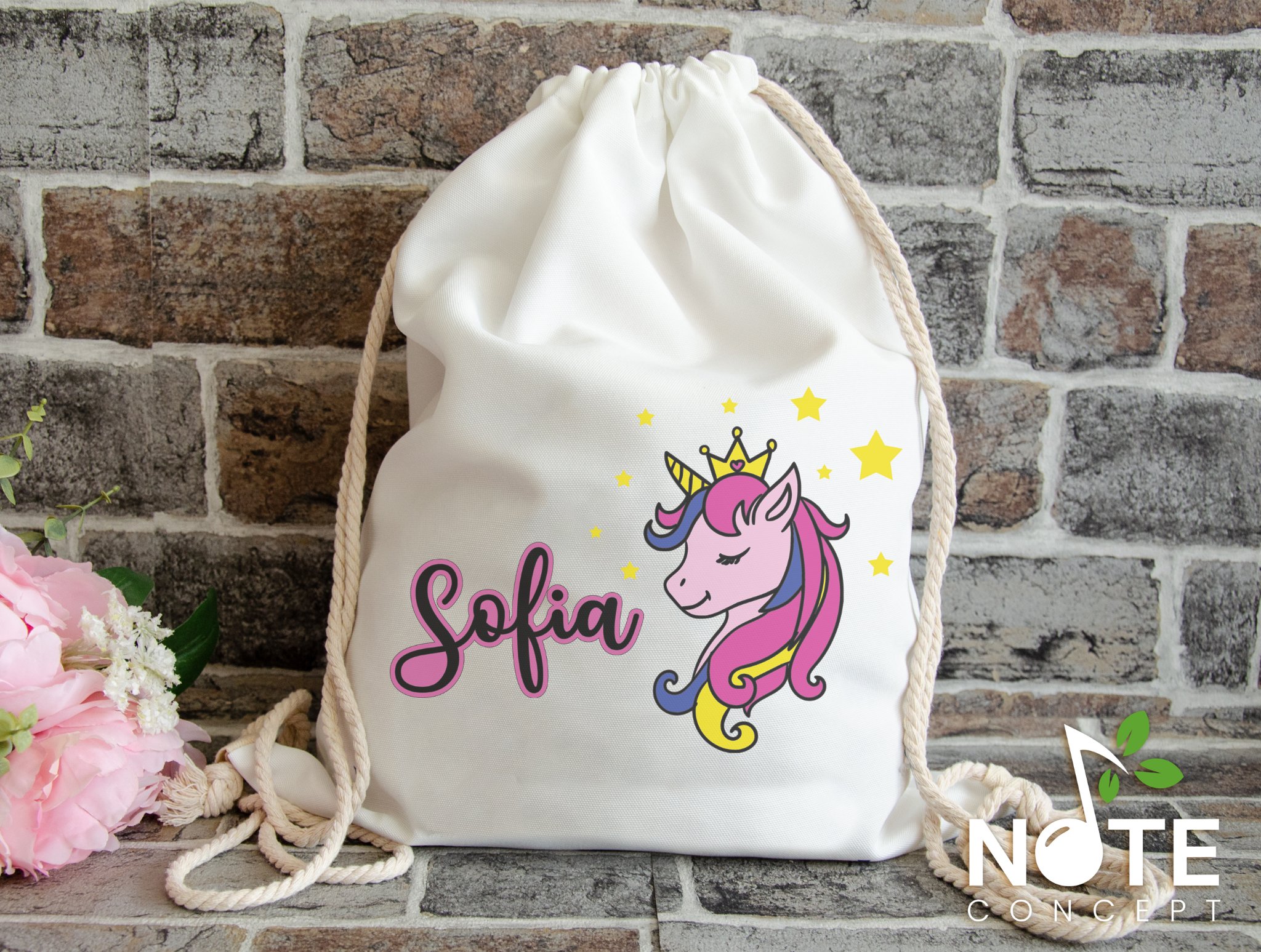 Saculet personalizat pentru gradinita cu unicorn si nume